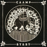 Black and white illustration of a bear with floral elements and decorative border on a black background, featuring the text 'CAAMP' and 'BY&BY'.
