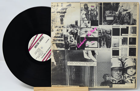 Vinyl record with a collage-style cover featuring black and white images and text.