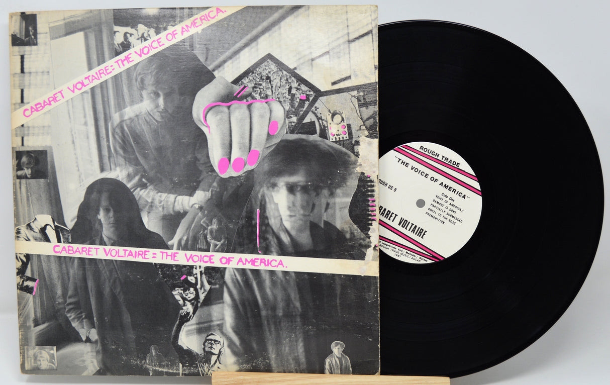 Vinyl record with cover featuring black and white images and pink text on a white background