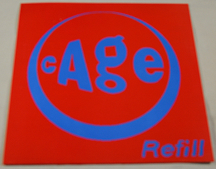 Cage Refill record sleeve with iconic blue text on a red background