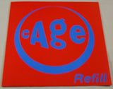 Cage Refill record sleeve with iconic blue text on a red background