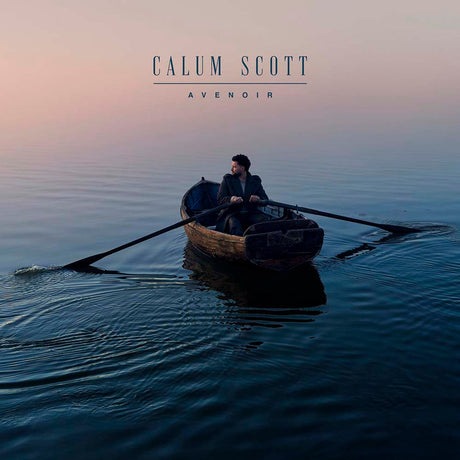 Calum Scott sitting in a wooden rowboat on calm water at sunset for the Avenoir album cover