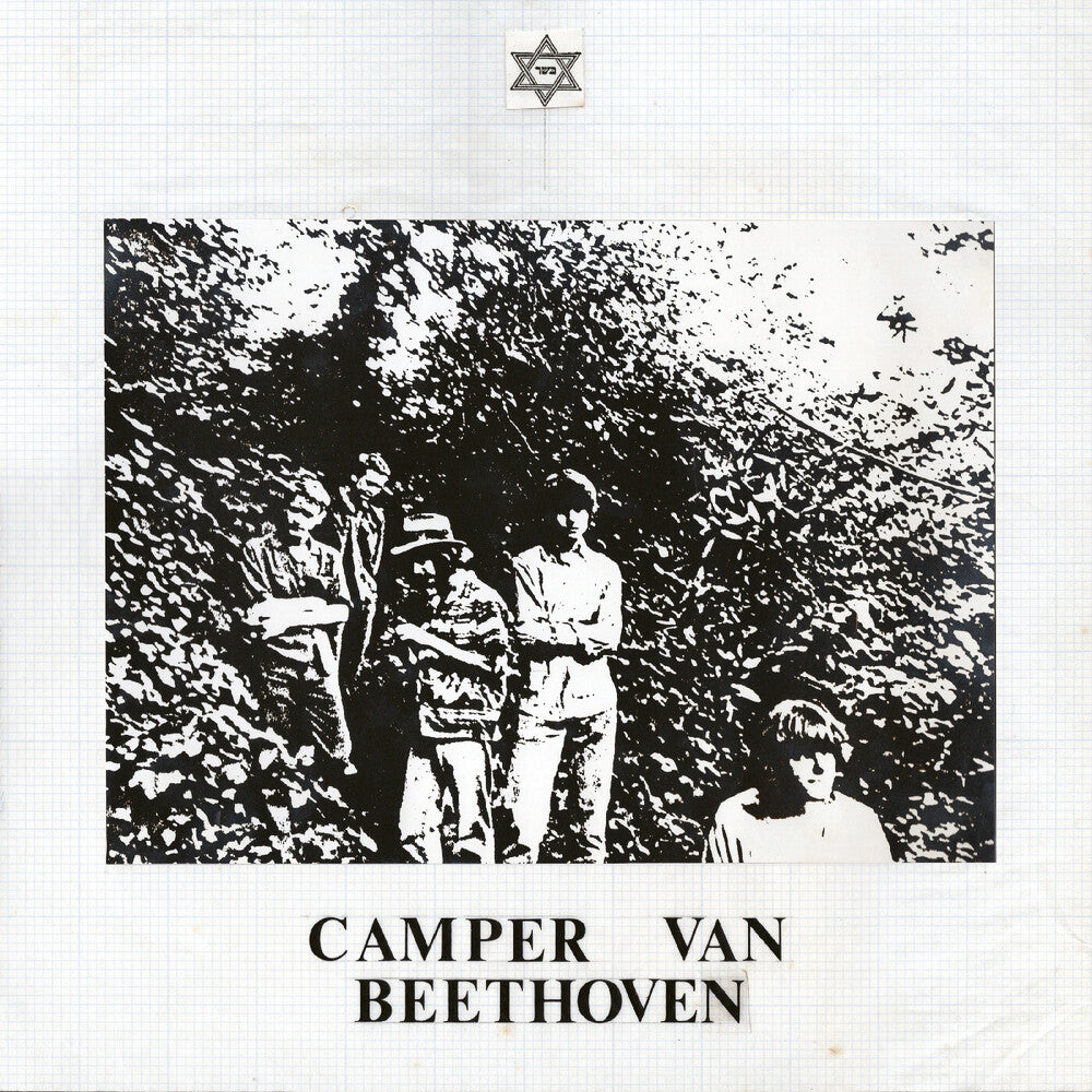 Album cover with black and white photo of people in a rocky area, featuring 'Camper Van Beethoven' text.