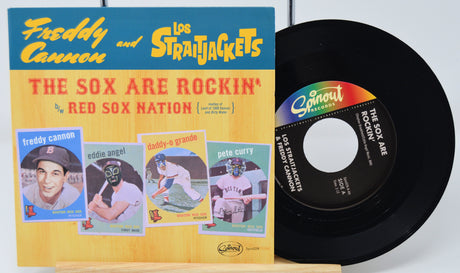 Vinyl record and cover with colorful design featuring text and images of people, on a white background.
