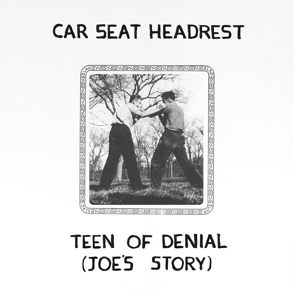 Album cover with two people in a park, text 'Car Seat Headrest', and 'Teen of Denial (Joe's Story)' on a white background.