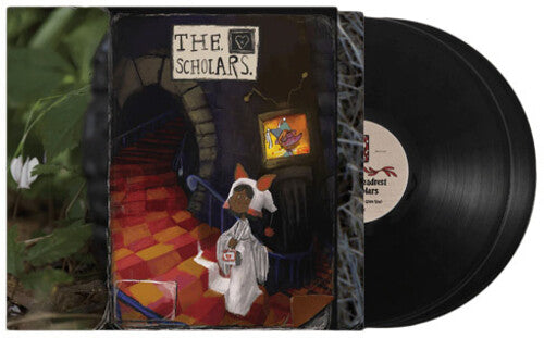 Vinyl record and cover art for Car Seat Headrest album 'The Scholars', featuring a cartoonish illustration of a character in a学者's robe holding a book.
