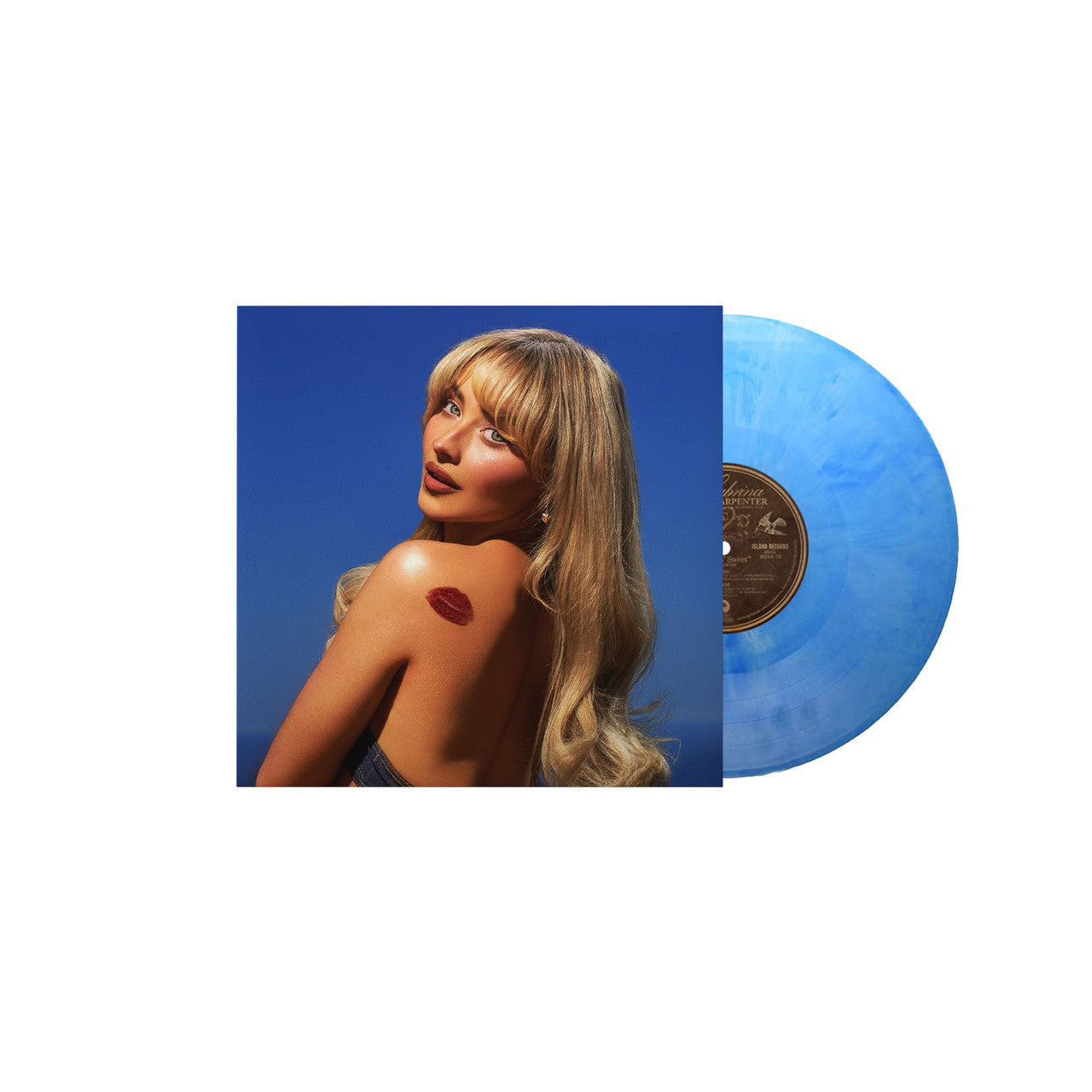 A vinyl record album cover featuring a woman with blonde hair looking over her shoulder, with a red lip mark on her shoulder. The background is a clear blue sky.