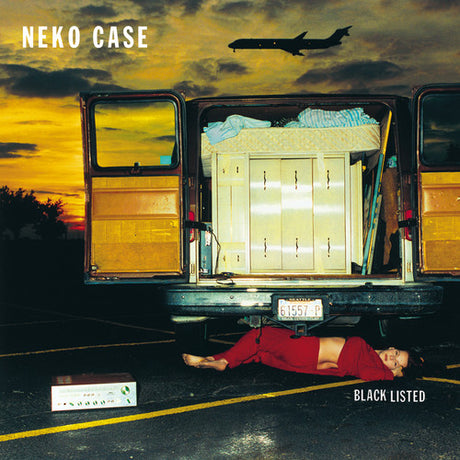 Album cover with a van, person in red pants, and airplane against a sunset sky, featuring Neko Case's 'Black Listed'.