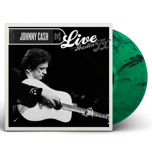 Black and white album cover featuring Johnny Cash playing a guitar with the title 'Live Austin TX' above his name.