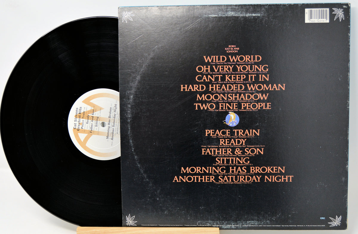 A vinyl record partially pulled from its sleeve, showing the black record and the black album cover with orange and white text listing track titles.