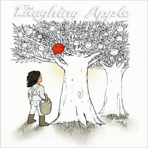 Illustrated cover art for 'The Laughing Apple' featuring a black-and-white line drawing of a child carrying a basket beside a large tree with many smiling apples, with one red apple hanging from the tree. The title 'The Laughing Apple' appears at the top.