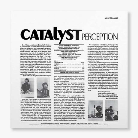 Back cover of Catalyst's Perception vinyl LP featuring liner notes and musician credits