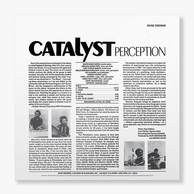 Back cover of Catalyst's Perception vinyl LP featuring liner notes and musician credits