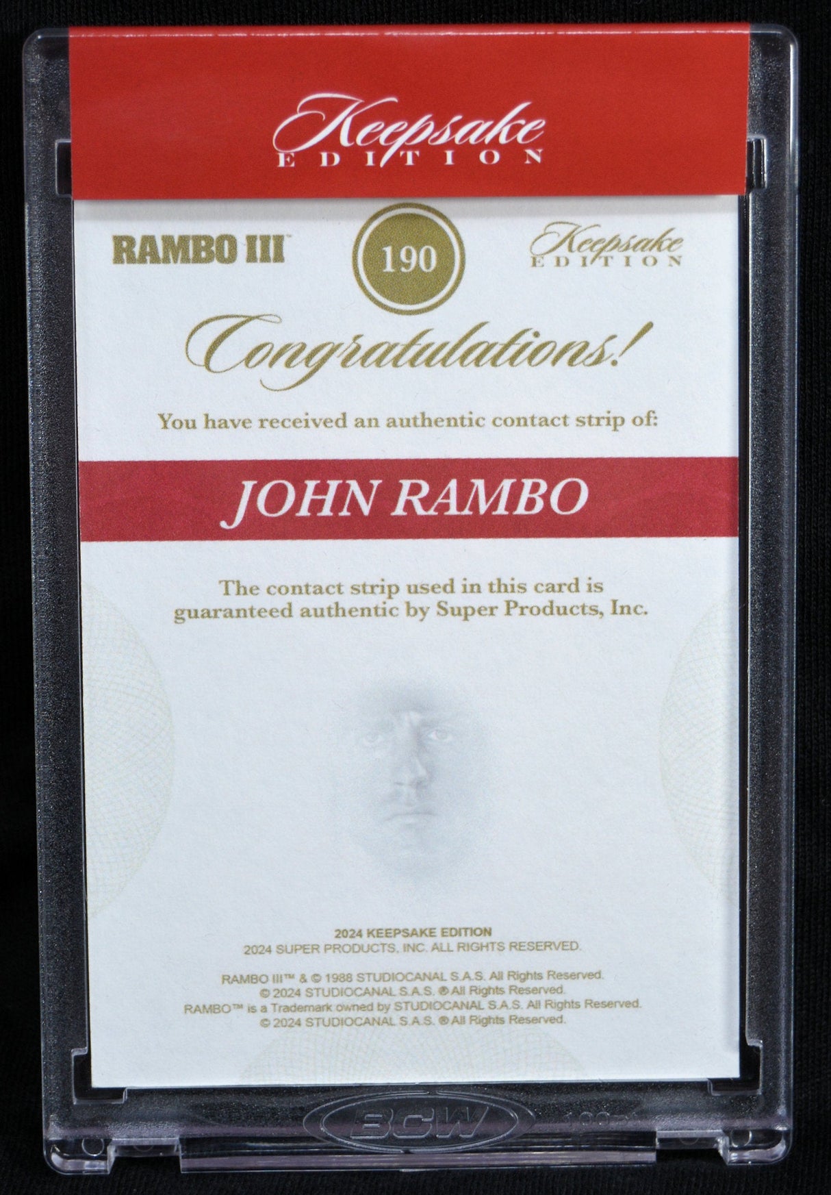 Rambo III authentic contact strip certification card for John Rambo collectors