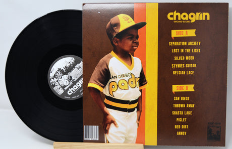 Vinyl record with a colorful cover featuring a child in a baseball uniform, on a light gray background.