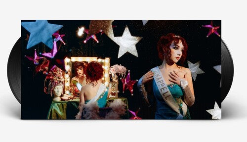 Inside of the gatefold cover for Chappell Roan's vinyl record with her in a beauty pageant gown and stars on the cover.