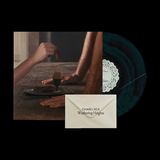 Collage of a vinyl record, a hand applying makeup, and a card with text on a dark background