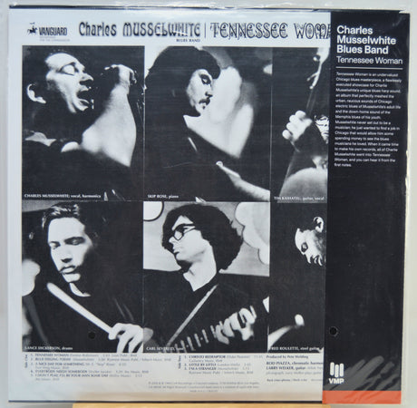 The back cover of a vinyl record sleeve for Charles Musselwhite / Tennessee Woman Blues, showing black-and-white band member photos, track listing text, and a dark right panel with release details.