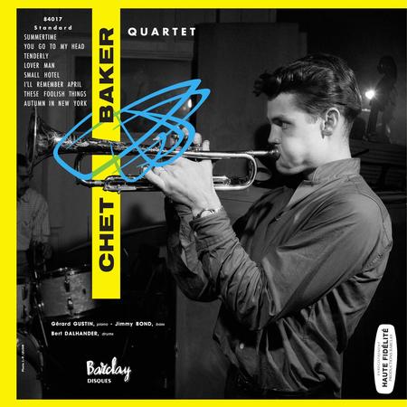 Chet Baker Quartet vinyl album cover featuring a black-and-white photo of Chet Baker playing trumpet, with a bright yellow vertical band labeled 'CHET BAKER' and blue scribble graphics across the center.