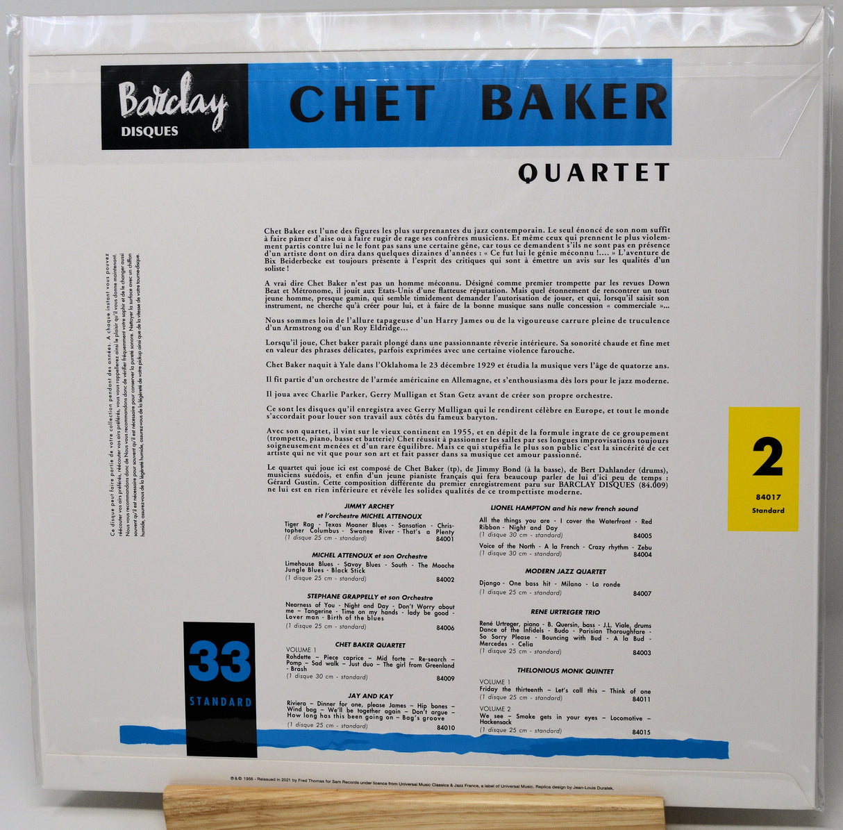 A Barclay & Co. Chet Baker Disques 33rd Series Quartet vinyl record sleeve, catalog number 2, displayed on a wooden surface.