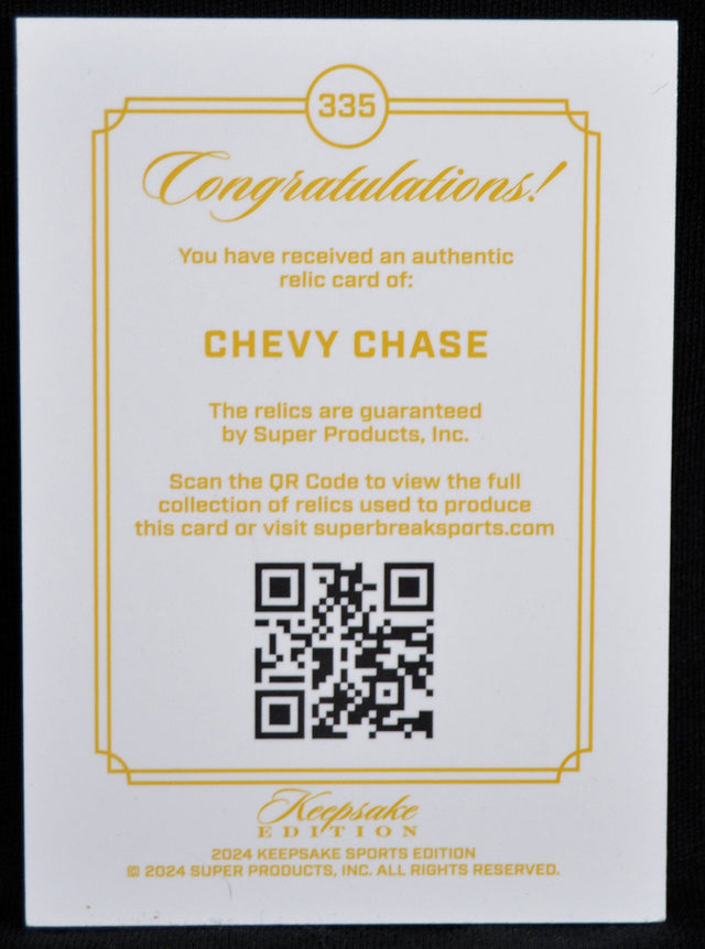 Certificate for authentic Chevy Chase relic card by Keepsake Sports Edition, featuring QR code certification