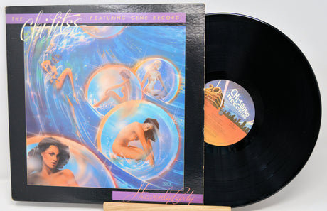 Vinyl record with a colorful cover featuring artistic illustrations of women, on a white background.