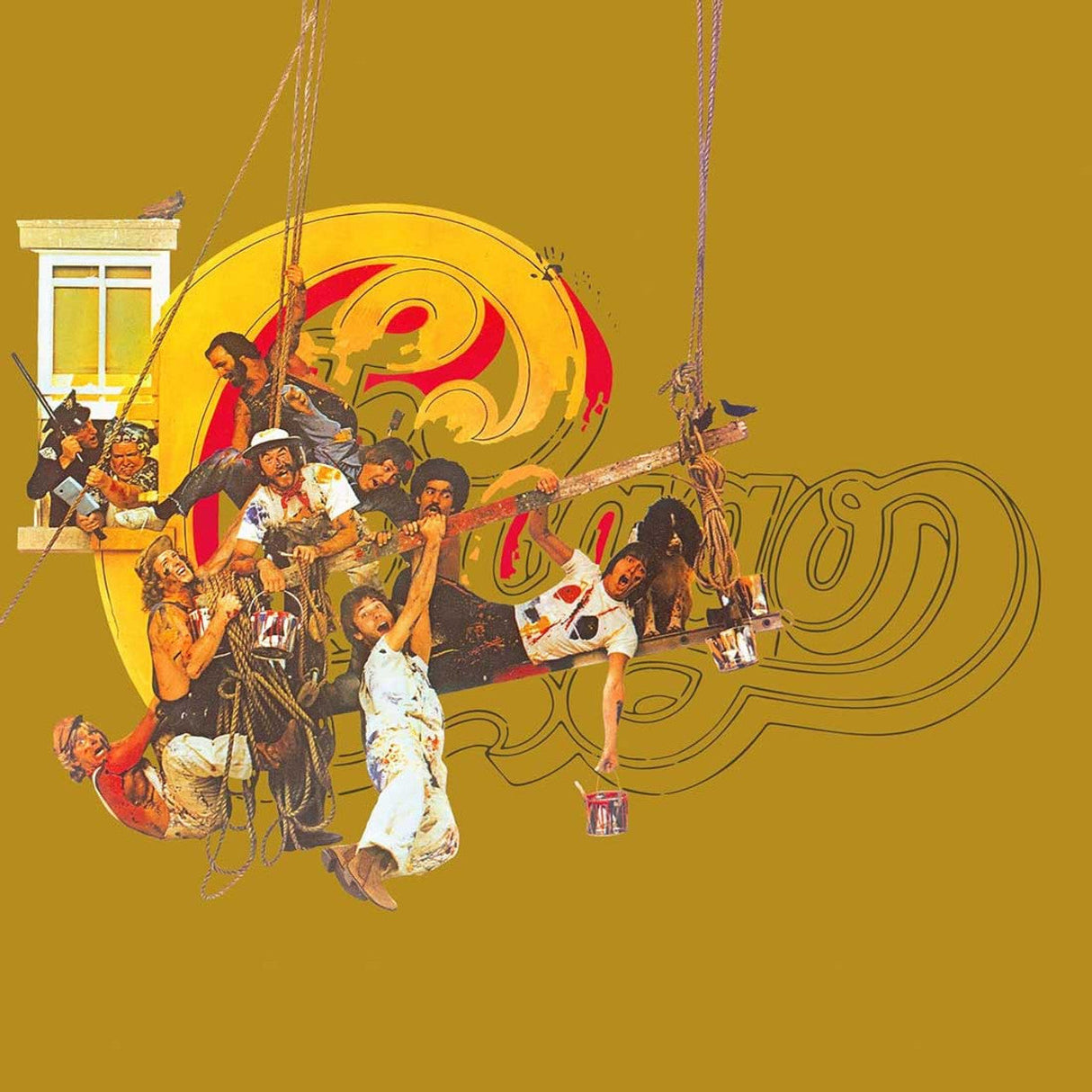 Chicago IX Greatest Hits album cover featuring band members with painting gear over a yellow logo
