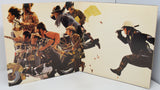 Album cover with a collage of people on motorcycles and horses against a beige background