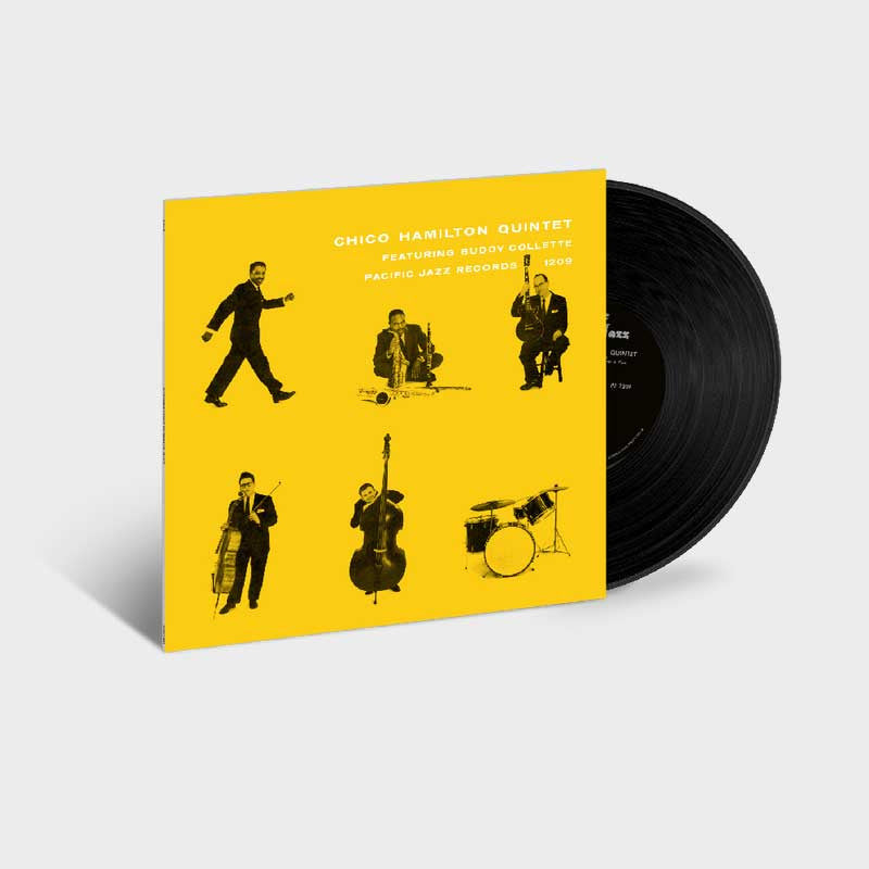 Vinyl record with yellow cover featuring black illustrations of musicians on a white background
