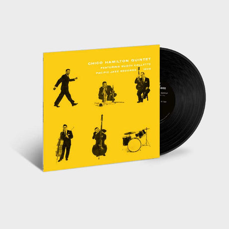 Vinyl record with yellow cover featuring black illustrations of musicians on a white background