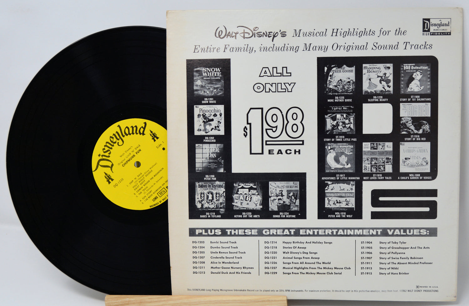 Vinyl record with a promotional poster for Disneyland and Walt Disney's musical highlights.