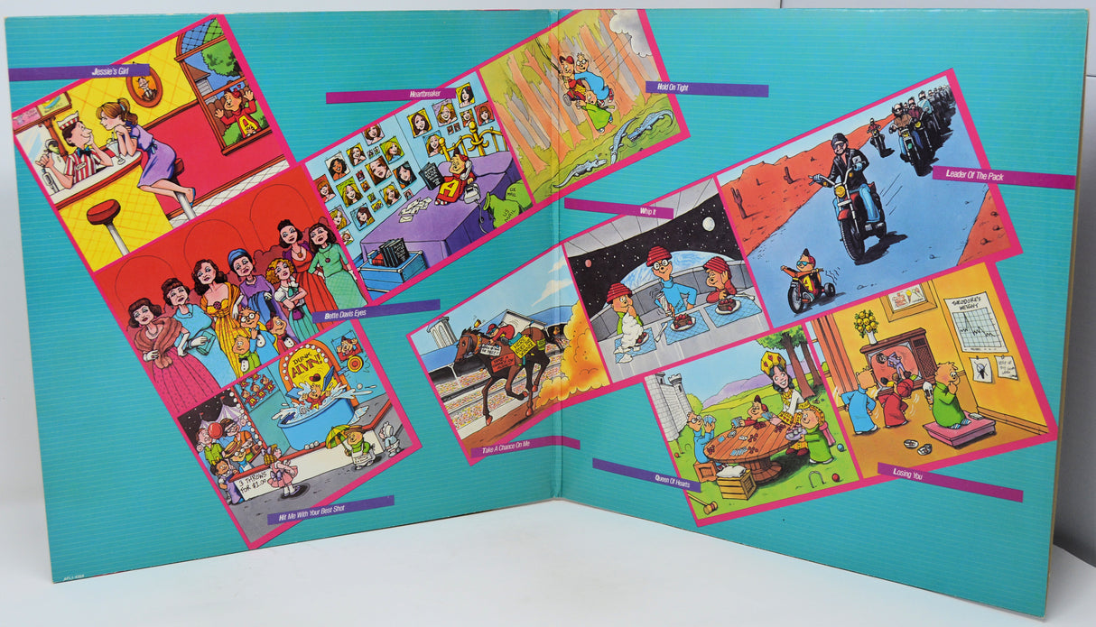 Colorful children's book or comic open to various illustrated pages on a blue background