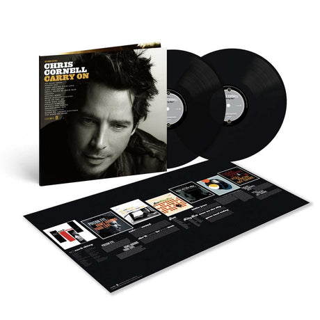 Vinyl record set with cover featuring a person's face and tracklist on a white background