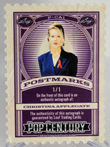 Collectible card with a portrait of a woman and text about Christina Applegate, featuring the brand 'Pop Century'.