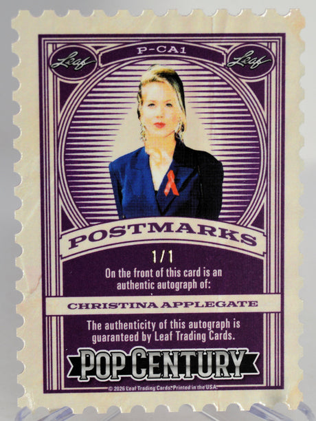Collectible card with a portrait of a woman and text about Christina Applegate, featuring the brand 'Pop Century'.