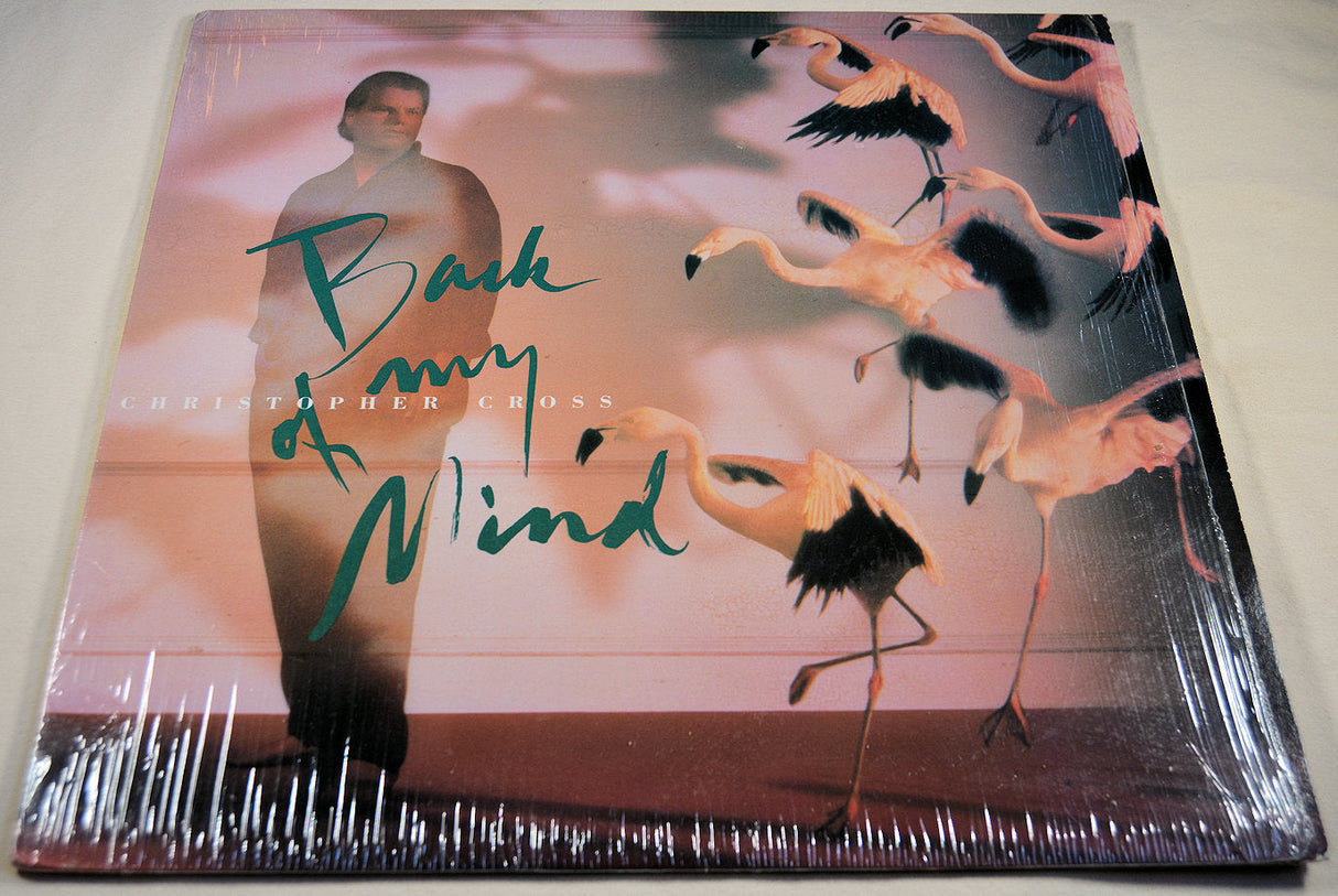 Front cover of Christopher Cross Back of My Mind vinyl album featuring flamingos and the artist