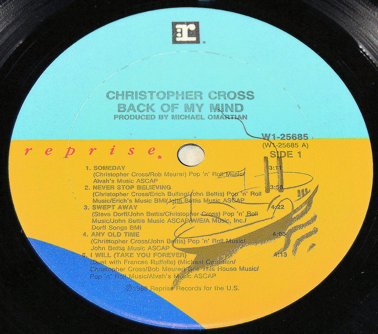 Christopher Cross Back of My Mind vinyl record label with tracklist visible