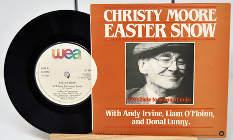 Vinyl record and cover of 'Easter Snow' by Christy Moore with a tribute to Seamus Ennis.