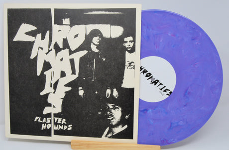 Front cover of Chromatics Plaster Hounds album featuring band photo and purple vinyl
