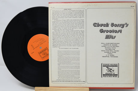 Vinyl record with its cover displaying 'Chuck Berry's Greatest Hits' on a white background