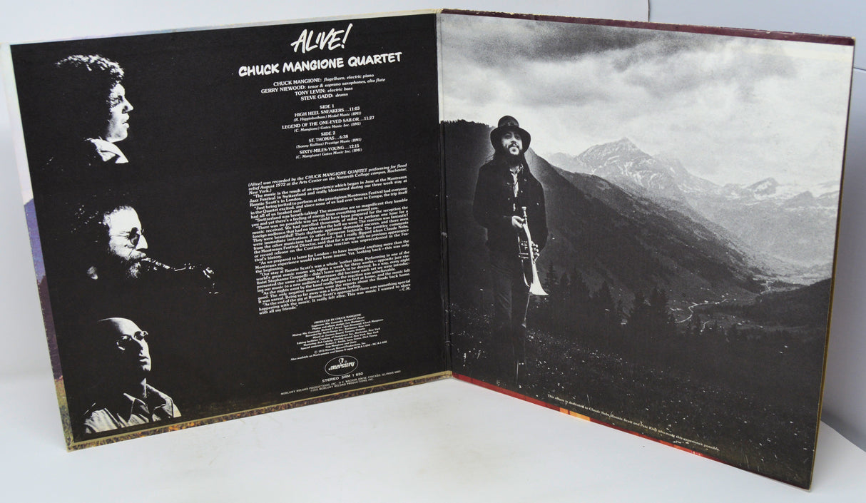 Album cover with black and white images of a musician and text on a mountainous landscape.