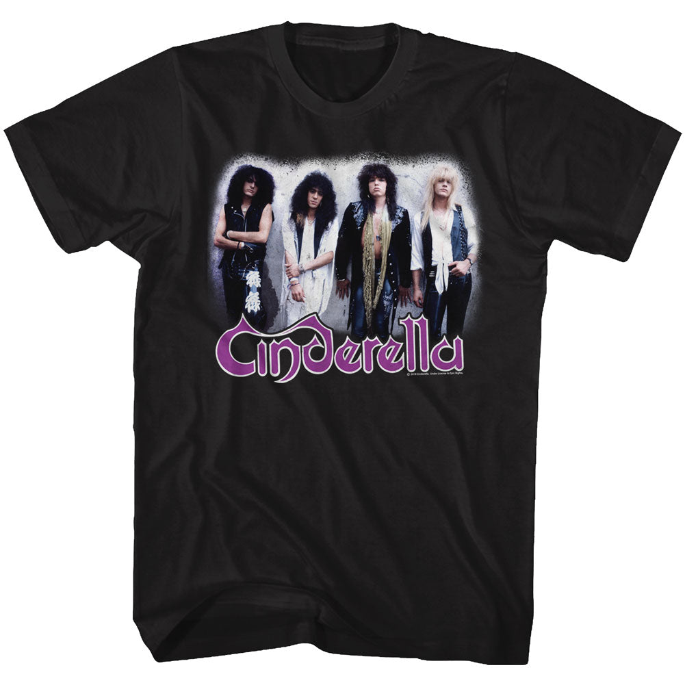 Black T-shirt featuring Cinderella rock band members and purple logo on the front