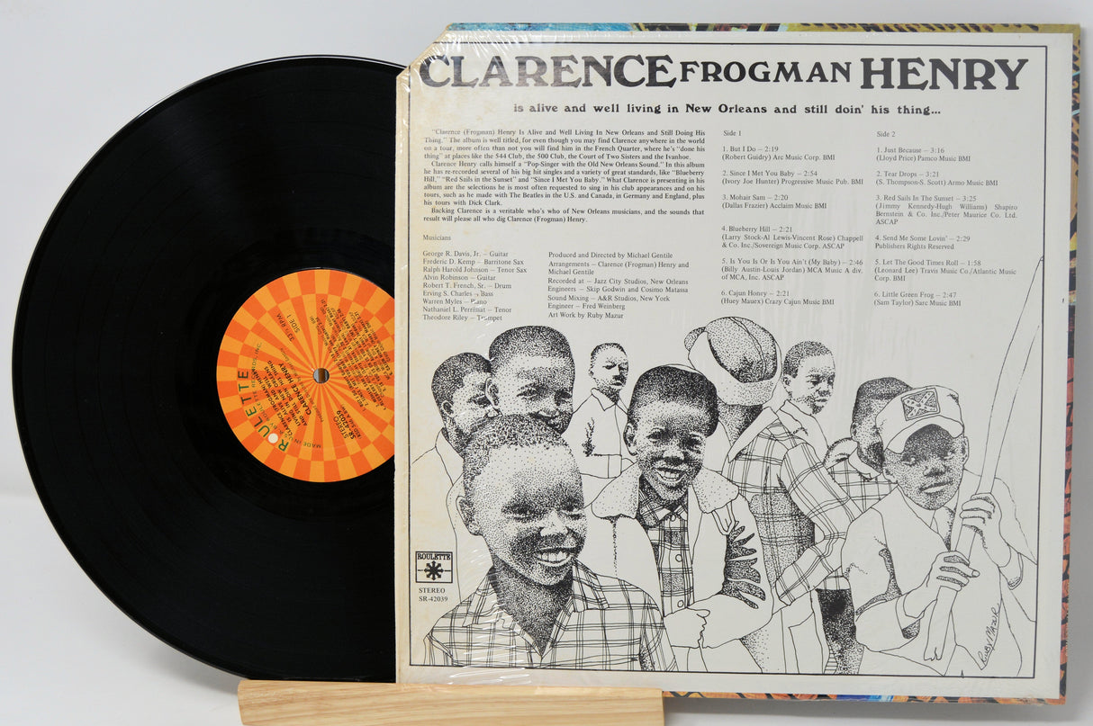 Back cover of Clarence Frogman Henry's vinyl album with tracklist and illustrated children