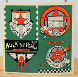 Collection of The Clash stickers on a green background