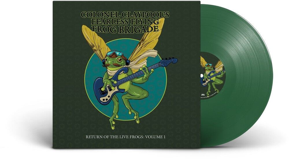 Vinyl record with a cover featuring a frog playing guitar and text 'Colonel Claypool's Fearless Flying Frog Brigade'.
