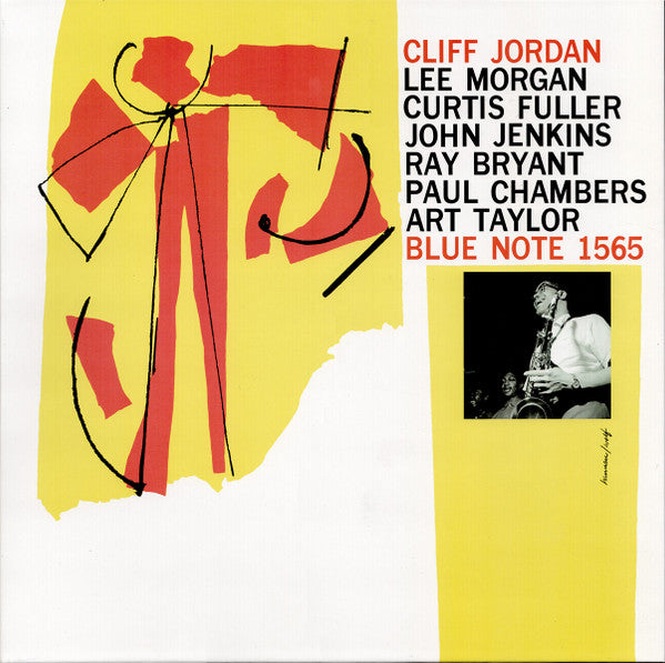 Album cover with abstract design and text about musicians and Blue Note record label