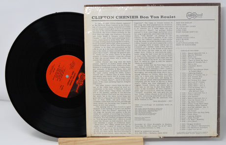 Back cover and vinyl record of Clifton Chenier's Bon Ton Roulet LP showing tracklist and album notes
