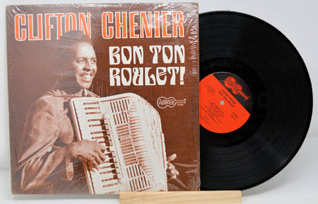 Front cover and vinyl record of Clifton Chenier's Bon Ton Roulet LP, featuring Clifton Chenier with his accordion