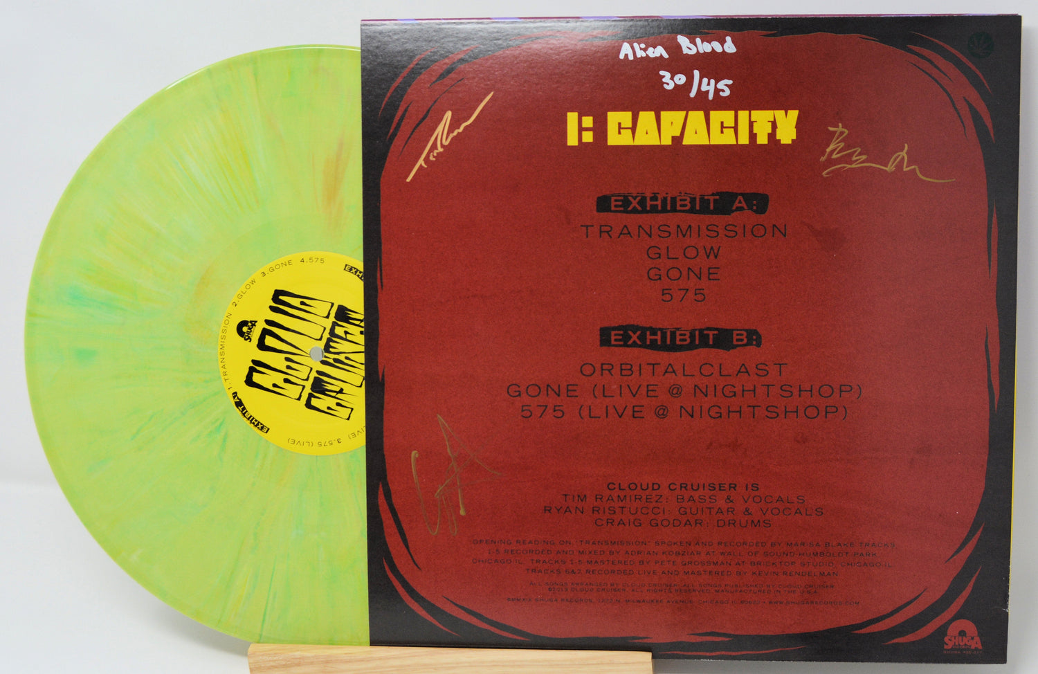 Back cover and neon green Cloud Cruiser I: Capacity Alien Blood swirl vinyl, hand-signed and numbered