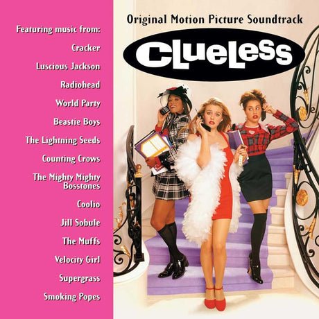 Album cover for 'Clueless'Original Motion Picture Soundtrack' featuring three women on a staircase.